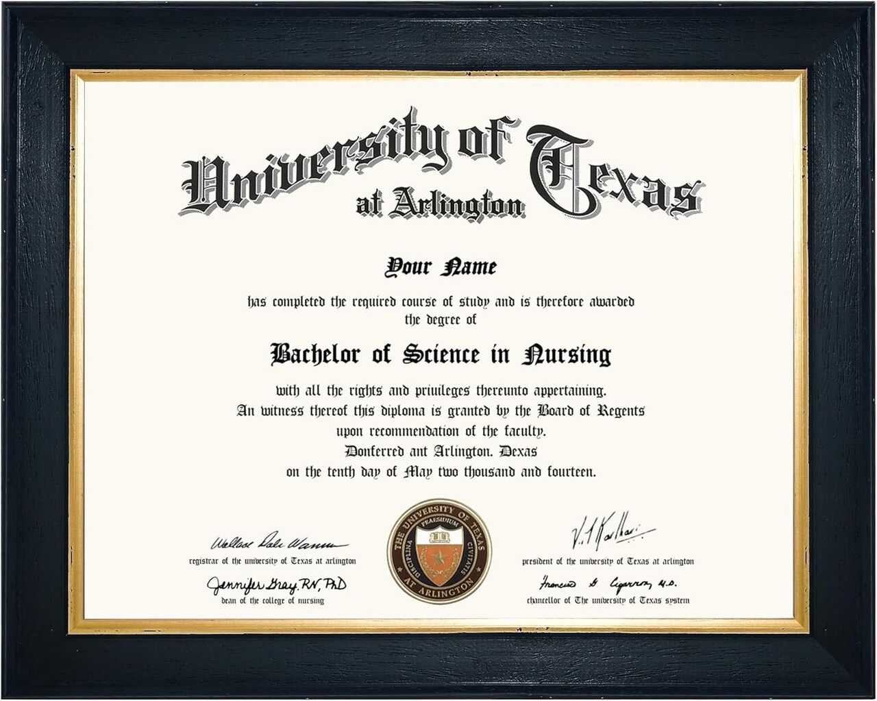 8.5x11 Wood Diploma Frame with Tempered Glass Rustic Black Finish with Gold Trim